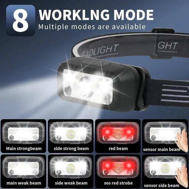 Alt view image 5 of 7 - Headlamp Rechargeable, 4 Pack White Red Headlamp Flashlight, Motion Sensor Head Lamp Flashlight, 8 Mode for Outdoor Camping Running Cycling (4 pack)