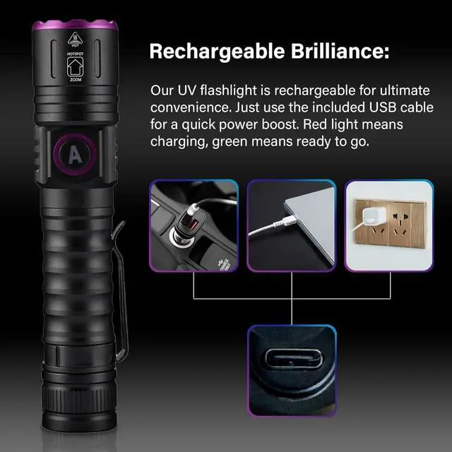 Alt view image 3 of 7 - UV Flashlight 365nm, Black Light Flashlight LED, USB Rechargeable UV Light, Blacklight Flashlights for UV Resin Light Curing, Leak Detection and Pet Urine Detection