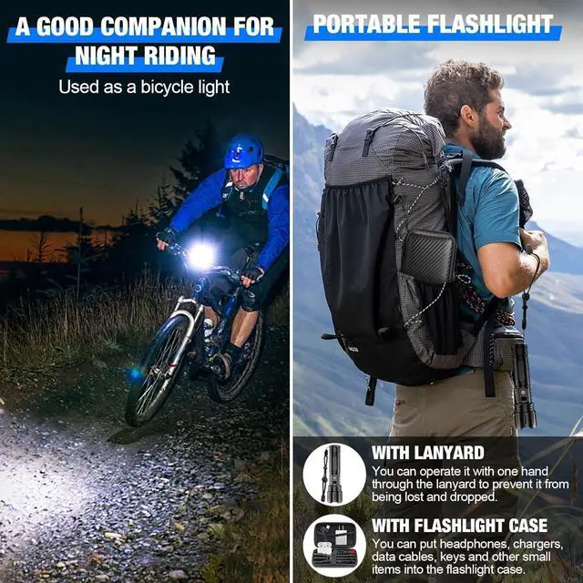 Alt view image 7 of 7 - Flashlights High Lumens Rechargeable - 2 k Super Bright Powerful LED Flashlight with 5 Modes Waterproof Handheld Flash Light for Home,Camping,Car, Zoomable,Power Display (2k Black)
