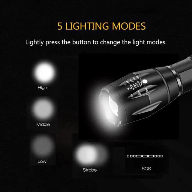 Alt view image 4 of 5 - Military Grade Flashlight High Lumen 5 Modes Water Resistant LED Tactical Torch Flash Light, 2 Pack
