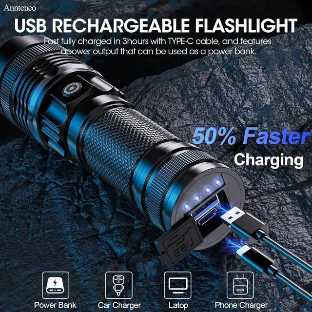 Alt view image 4 of 6 - Flashlights High Lumens, 25000lm Super Bright Flashlight USB Rechargeable-1600Meter Long Beam LED Flashlights(Included Battery)- Zoomable Spotligh Flash Light Waterproof for Home Emergency Camping