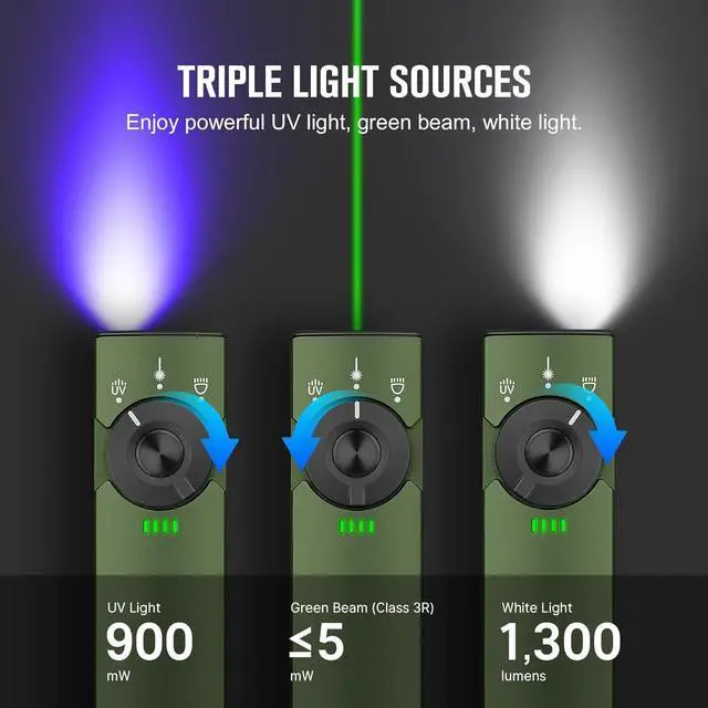 Alt view image 2 of 7 - Arkfeld Pro Rechargeable EDC Flat Flashlight with Green Beam UV and White LED Combo 1300 Lumens Portable Pocket Lights Triple Sources for Outdoors Emergency Working (OD-Green CW)