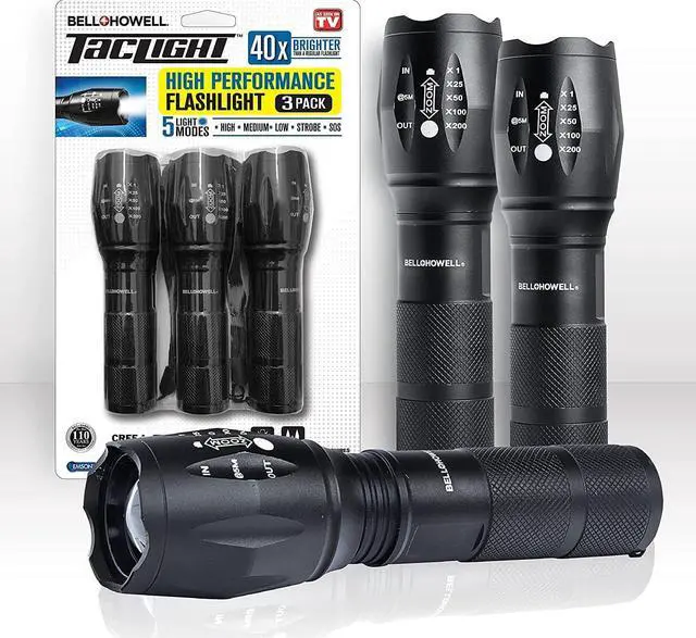 Main image of Taclight Flashlight by Bell+Howell High Lumens LED Tactical Flashlight 5 Modes & Zoom Function 40X Brighter Water Proof Handheld Flashlight for Emergency Camping Accessories As Seen On TV Set of 3