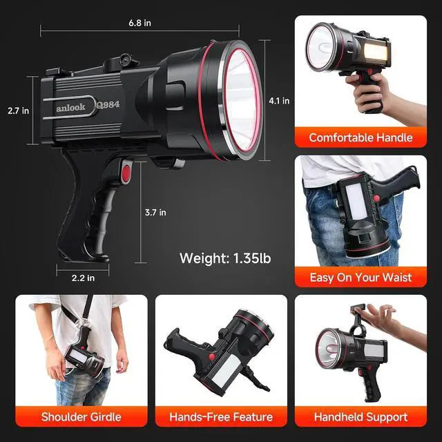 Alt view image 2 of 6 - Rechargeable Spotlight Flashlight, Super Bright Handheld Spot Light with COB Light & Foldable Stand, Waterproof Long Lasting Hand Held Searchlight Spotlight for Boating Camping Hunting Fishing