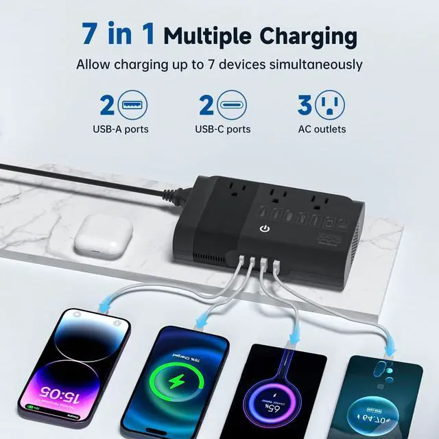 Alt view image 2 of 7 - 350W Power Converter 220V to 110V Voltage Converter Travel Adapter with 4 USB Ports 3 AC Outlets, Convert Voltage for Curling Iron, Straightener, Chargers, US to EU/UK/IT/AU/Asia Black