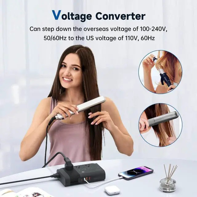 Alt view image 4 of 7 - 350W Power Converter 220V to 110V Voltage Converter Travel Adapter with 4 USB Ports 3 AC Outlets, Convert Voltage for Curling Iron, Straightener, Chargers, US to EU/UK/IT/AU/Asia Black