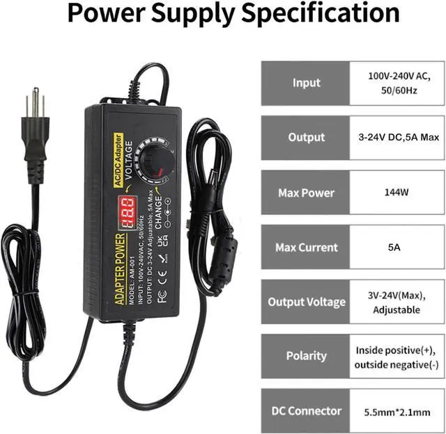 Alt view image 2 of 6 - Adjustable Power Supply 3V~24V 5A 120W Universal 100V-240V AC/DC Power Adapter Converter 8V 12V 15V 18V 19V 20V 24V Power Supply with 14 DC Tips&Polarity Converter for LED Strip Light Printer Speaker