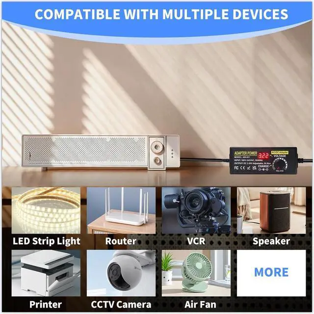 Alt view image 4 of 6 - Adjustable Power Supply 3V~24V 5A 120W Universal 100V-240V AC/DC Power Adapter Converter 8V 12V 15V 18V 19V 20V 24V Power Supply with 14 DC Tips&Polarity Converter for LED Strip Light Printer Speaker
