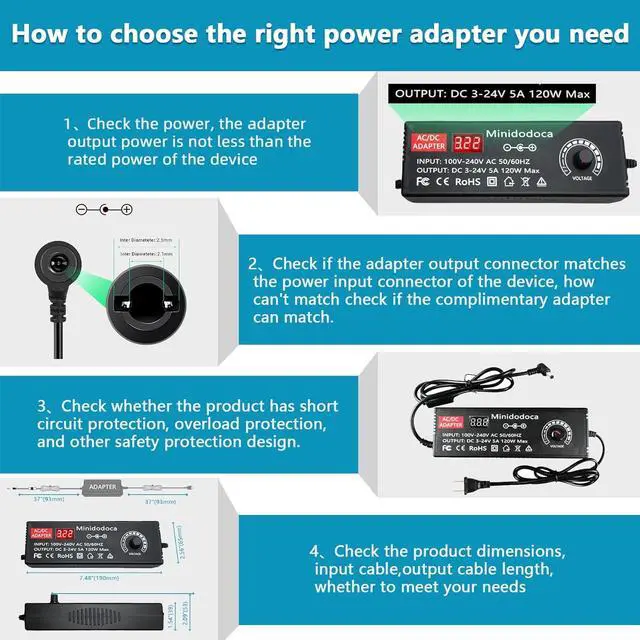Alt view image 6 of 7 - 120W Power Supply Adjustable DC 3V ~ 24V Variable Universal Switching AC/DC Adapter Minidodoca AC to DC Converter with LED Voltage Display and 16 Tips, for 3V to 24V Household Electronics - 5000mA Max