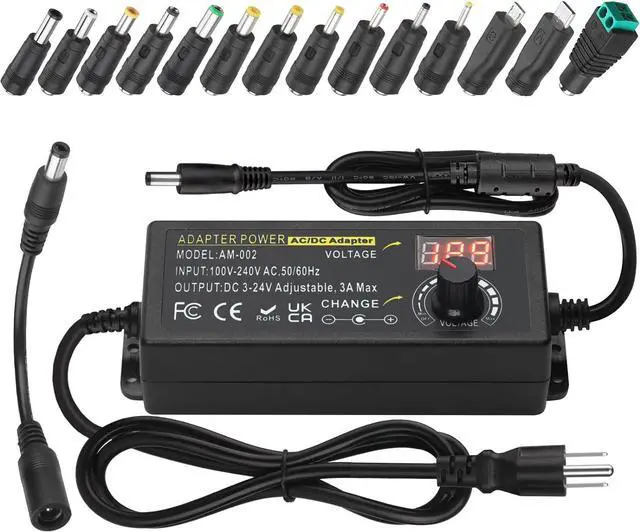 Main image of Universal Power Adapter, Adjustable 3V ~ 24V 3A 72W DC Power Supply, 100V-240V AC to 3V ~ 24V DC Variable Power Supply Converter Transformer with 14 Tips