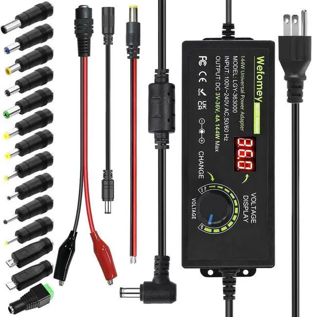 Main image of 3V~36V 4A 144W Universal Power Supply 3V 5V 6V 9V 12V 15V 18V 20V 24V 30V 36V Adjustable Variable Switching AC/DC Adapter, 100V-240V AC to DC Converter with 14 Tips & Polarity Converter & Test Lead