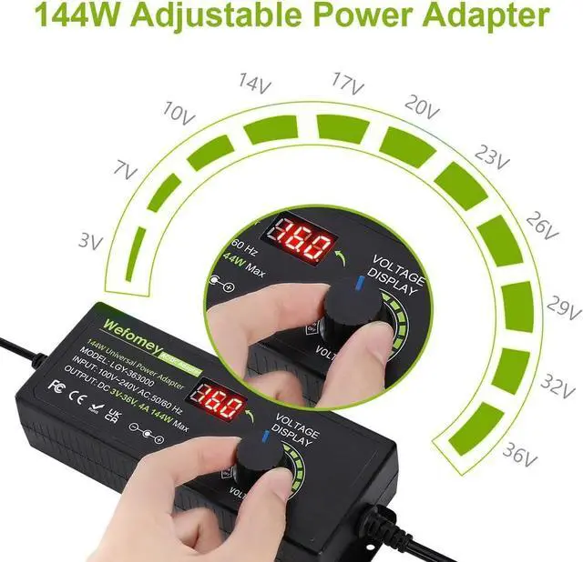 Alt view image 2 of 7 - 3V~36V 4A 144W Universal Power Supply 3V 5V 6V 9V 12V 15V 18V 20V 24V 30V 36V Adjustable Variable Switching AC/DC Adapter, 100V-240V AC to DC Converter with 14 Tips & Polarity Converter & Test Lead
