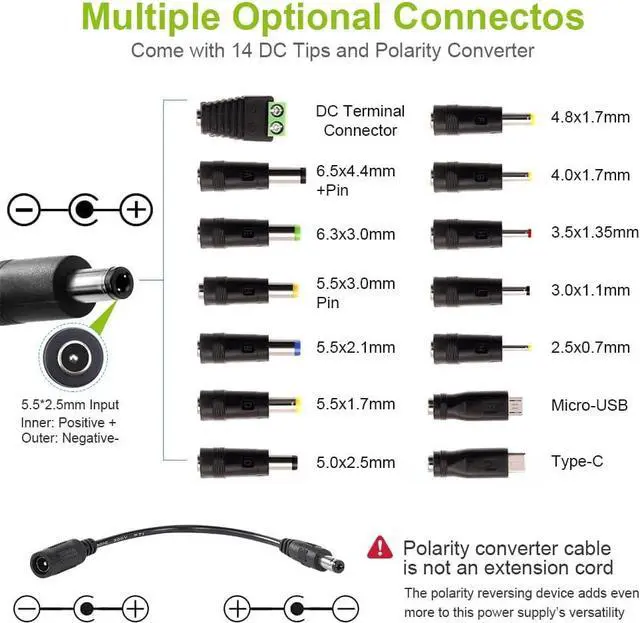 Alt view image 3 of 7 - 3V~36V 4A 144W Universal Power Supply 3V 5V 6V 9V 12V 15V 18V 20V 24V 30V 36V Adjustable Variable Switching AC/DC Adapter, 100V-240V AC to DC Converter with 14 Tips & Polarity Converter & Test Lead
