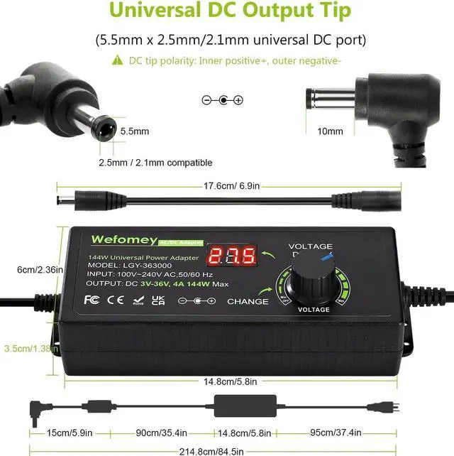 Alt view image 4 of 7 - 3V~36V 4A 144W Universal Power Supply 3V 5V 6V 9V 12V 15V 18V 20V 24V 30V 36V Adjustable Variable Switching AC/DC Adapter, 100V-240V AC to DC Converter with 14 Tips & Polarity Converter & Test Lead