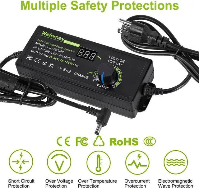 Alt view image 5 of 7 - 3V~36V 4A 144W Universal Power Supply 3V 5V 6V 9V 12V 15V 18V 20V 24V 30V 36V Adjustable Variable Switching AC/DC Adapter, 100V-240V AC to DC Converter with 14 Tips & Polarity Converter & Test Lead