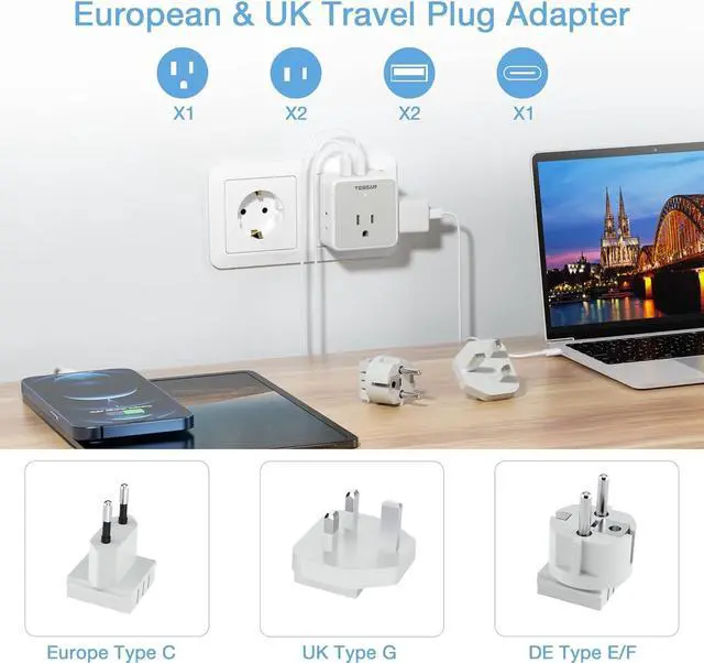 Alt view image 3 of 6 - TESSAN All European UK Travel Plug Adapter Kit, International Detachable with 3 Outlet 3 USB Charger (1 USB C), Type C/G/E/F EU Ireland Power Adaptor, US to Europe Italy Spain France Greece