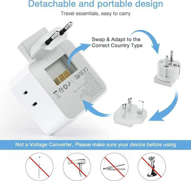 Alt view image 4 of 6 - TESSAN All European UK Travel Plug Adapter Kit, International Detachable with 3 Outlet 3 USB Charger (1 USB C), Type C/G/E/F EU Ireland Power Adaptor, US to Europe Italy Spain France Greece