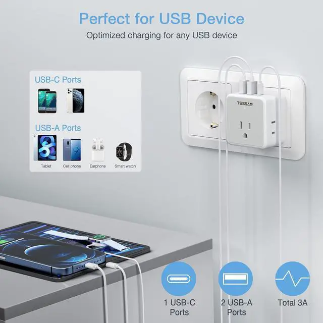 Alt view image 5 of 6 - TESSAN All European UK Travel Plug Adapter Kit, International Detachable with 3 Outlet 3 USB Charger (1 USB C), Type C/G/E/F EU Ireland Power Adaptor, US to Europe Italy Spain France Greece