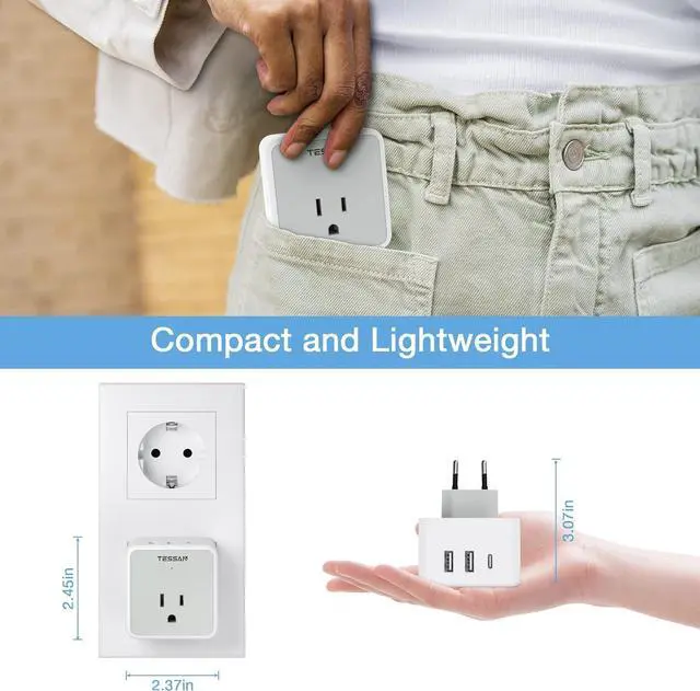 Alt view image 6 of 6 - TESSAN All European UK Travel Plug Adapter Kit, International Detachable with 3 Outlet 3 USB Charger (1 USB C), Type C/G/E/F EU Ireland Power Adaptor, US to Europe Italy Spain France Greece