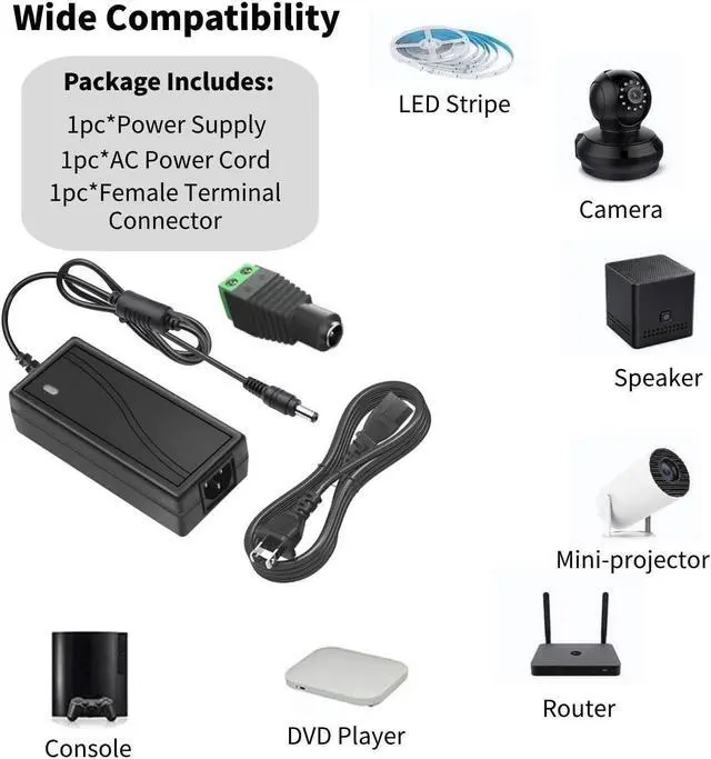 Alt view image 4 of 6 - 12V 5A Power Supply 5 Amp AC/DC Adapter Converter Transformer 100-240v 50/60HZ 5.5x2.5mm DC Output Jack for LED Light Strips Security Camera System CCTV Routers