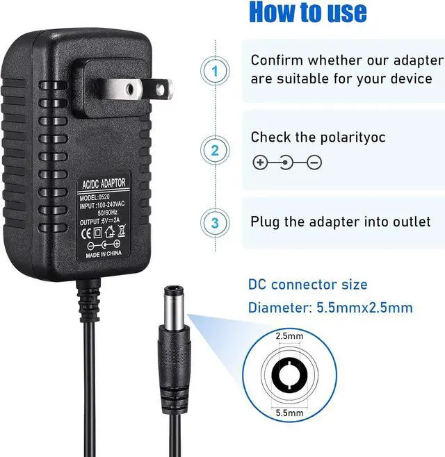 Alt view image 3 of 7 - TOBWOLF 2PCS 5V 2A Power Supply Adapter, DC 5V 10W Switching Power Adapter, AC 100V-240V to DC 5 Volt 2 Amp Universal Switching Transformer, 5.5 x 2.5mm Plug for Router, CCTV Camera, Cordless Phone