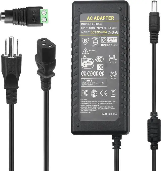 Main image of 12V 8A Power Supply Adapter - AC 100-240V 50/60Hz to DC 12V 7.5A 8A (Max) Power Adapter 5.5x2.5mm 12 Volt Transformers 12V/8A Universal 96W for 5050 3528 LED Strip Light CCTV Cameras