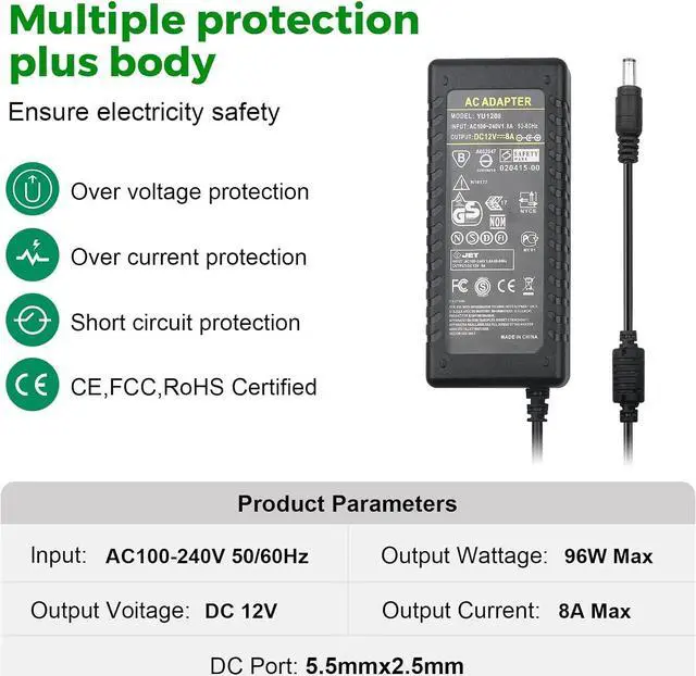 Alt view image 4 of 7 - 12V 8A Power Supply Adapter - AC 100-240V 50/60Hz to DC 12V 7.5A 8A (Max) Power Adapter 5.5x2.5mm 12 Volt Transformers 12V/8A Universal 96W for 5050 3528 LED Strip Light CCTV Cameras