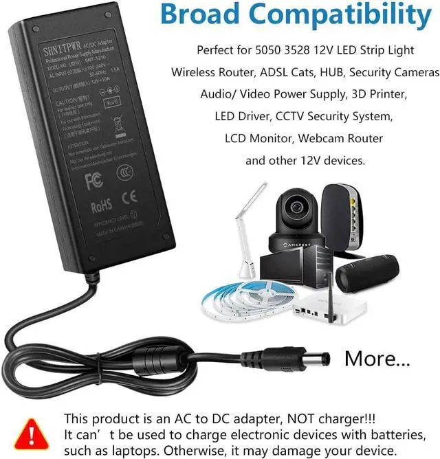 Alt view image 6 of 7 - SHNITPWR 12V 10A 120W DC Power Supply Adapter 100V~240V AC to DC Converter 12 Volt 10 Amp Transformer 5.5x2.5mm Tip for 5050 3528 LED Strip Light 3D Printer LED Driver CCTV Security System LCD Monitor