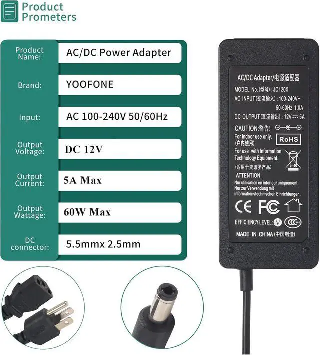 Alt view image 2 of 7 - 12V 5A Power Supply Adapter 100-240V AC to DC Converter with 5.5X 2.5/2.1mm Plug 12 Volt 5 Amp 4A 3A 2A 1A Switching Power Supply AC/DC Adapter for 12V 5050 3528 LED Strip Module Light