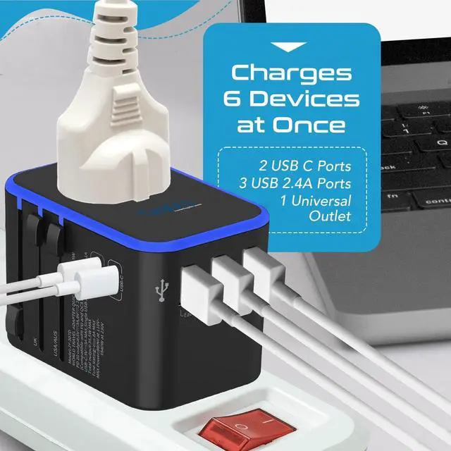Alt view image 4 of 7 - World International Travel Plug Adapter - Powerful 33.5W with Pd & QC 3.0 Dual USB-C Power - 3 USB Ports Wall Charger Type I C G A Outlets 110V 220V A/C - EU Euro US UK (11-KU)
