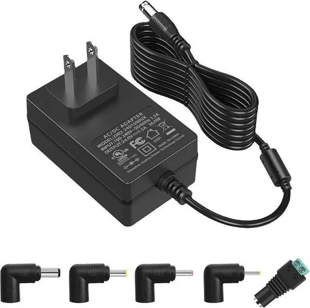 Main image of 24V 1.5A Power Adapter 100V-240V to 24V 1.5A AC/DC Switching Power Supply Adapter 24v Power Supply with 5 Selectable Adapter Plugs