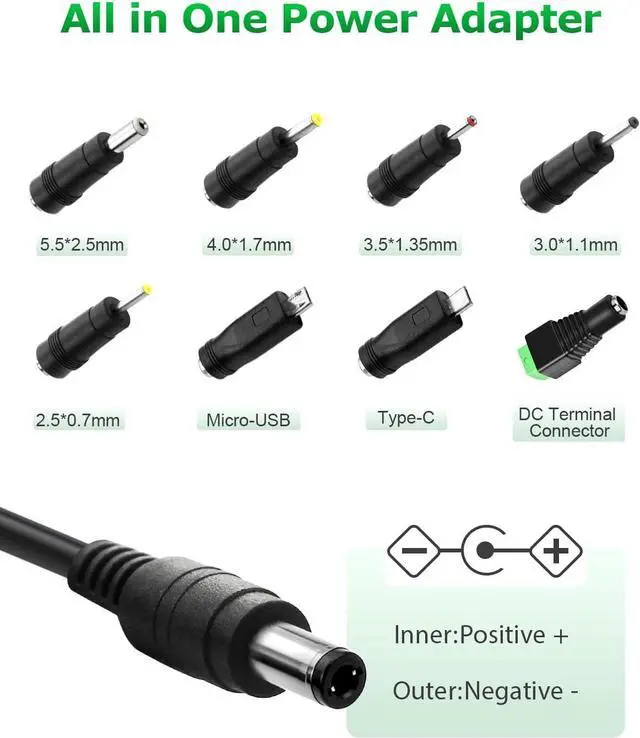 Alt view image 3 of 6 - 18V 1A 18W DC Power Supply Adapter AC/DC Charger AC 100V-240V to DC 18 Volt 1000mA 500mA 100mA Replacement Power Cord for Camera Desk Lamp BT Speaker Router TV Box USB Type C with 8TIPS 6.56FT
