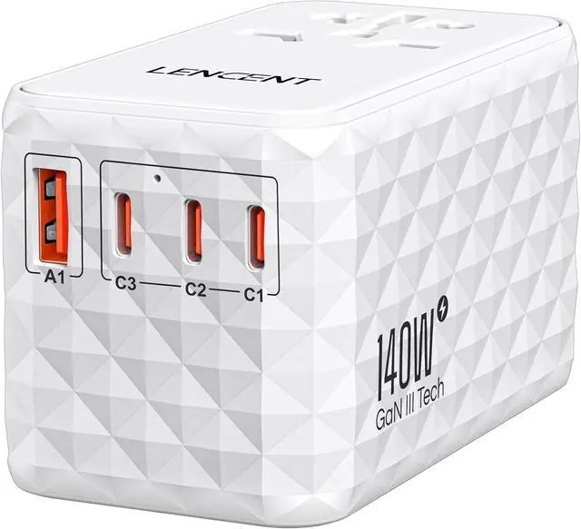 Main image of LENCENT 140W International Travel Adapter, GaN Universal Travel Adapter with 1 USB-A & 3 Type C Power Adapter, Fast Charger for Phone,Laptops, Worldwide Plug Adapter for USA/UK/EU/AUS, White