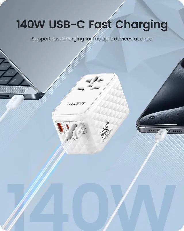Alt view image 3 of 7 - LENCENT 140W International Travel Adapter, GaN Universal Travel Adapter with 1 USB-A & 3 Type C Power Adapter, Fast Charger for Phone,Laptops, Worldwide Plug Adapter for USA/UK/EU/AUS, White