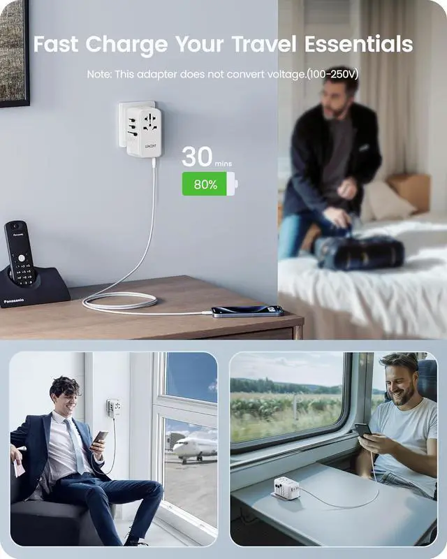 Alt view image 6 of 7 - LENCENT 140W International Travel Adapter, GaN Universal Travel Adapter with 1 USB-A & 3 Type C Power Adapter, Fast Charger for Phone,Laptops, Worldwide Plug Adapter for USA/UK/EU/AUS, White
