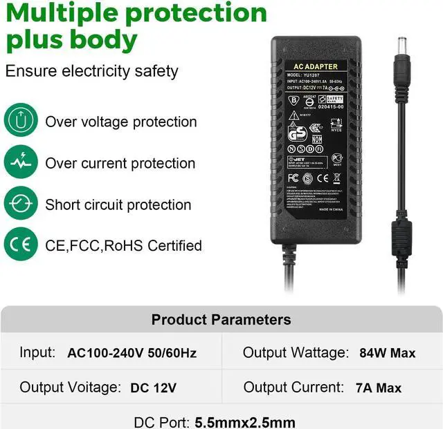Alt view image 4 of 7 - 12V 7A Power Supply, AC 100-240V to DC 12V 7A Adapter, 5.5x2.5mm Barrel Connector, Compatible with LED Strip Lights, LCD Monitor, CCTV Cameras