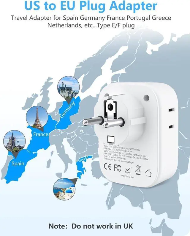 Alt view image 2 of 7 - LENCENT Germany France Travel Power Adapter, Schuko Type E F Power Plug Adaptor with 4 USB Ports(2 Type C), 4 Outlet Converter, US to EU Spain French German Greece Norway Iceland South Korea Portugal