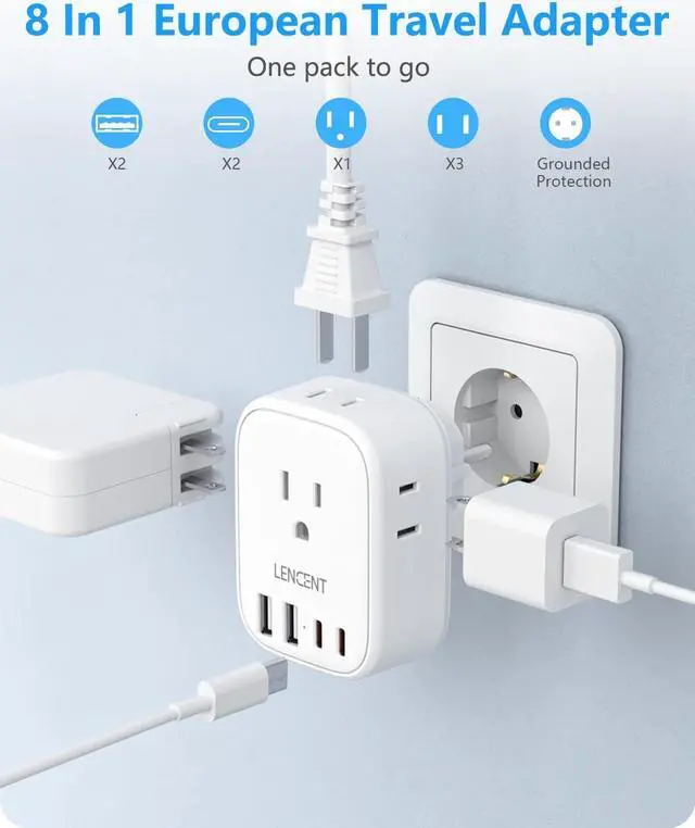 Alt view image 3 of 7 - LENCENT Germany France Travel Power Adapter, Schuko Type E F Power Plug Adaptor with 4 USB Ports(2 Type C), 4 Outlet Converter, US to EU Spain French German Greece Norway Iceland South Korea Portugal