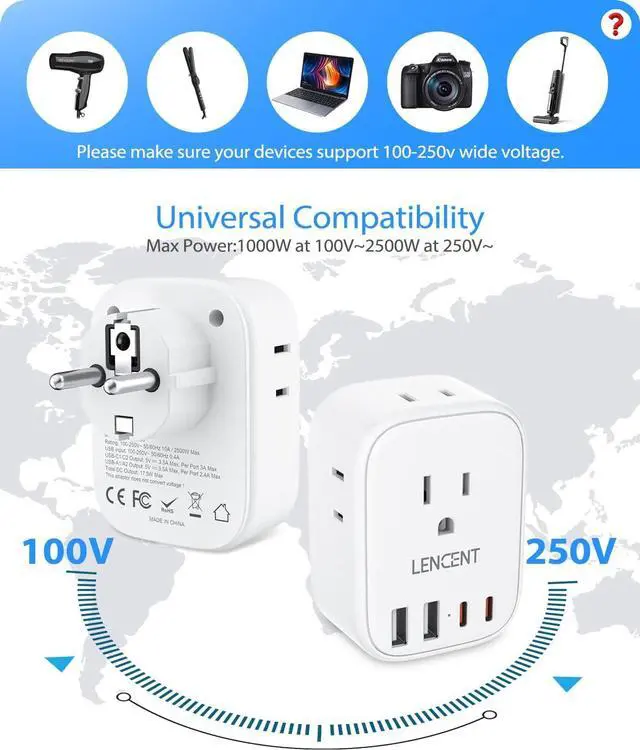 Alt view image 5 of 7 - LENCENT Germany France Travel Power Adapter, Schuko Type E F Power Plug Adaptor with 4 USB Ports(2 Type C), 4 Outlet Converter, US to EU Spain French German Greece Norway Iceland South Korea Portugal