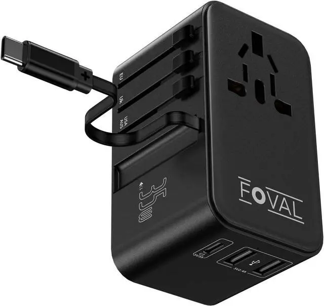 Main image of FOVAL European Travel Plug Adapter, Universal Travel Adapter with Retractable USB C Cable, All-in-one International Power Adapter for Europe Italy UK US AUS (35W)