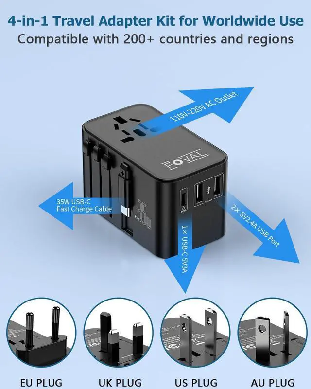 Alt view image 3 of 7 - FOVAL European Travel Plug Adapter, Universal Travel Adapter with Retractable USB C Cable, All-in-one International Power Adapter for Europe Italy UK US AUS (35W)