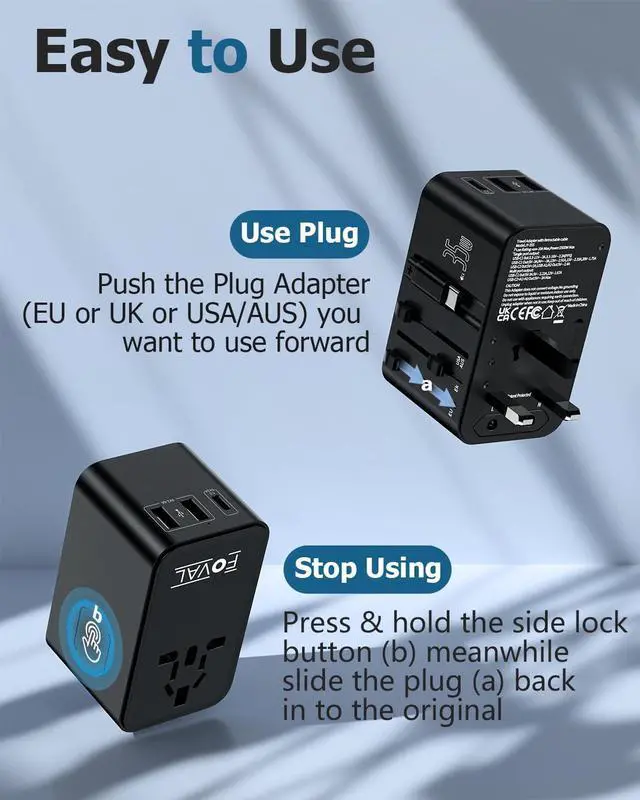 Alt view image 6 of 7 - FOVAL European Travel Plug Adapter, Universal Travel Adapter with Retractable USB C Cable, All-in-one International Power Adapter for Europe Italy UK US AUS (35W)