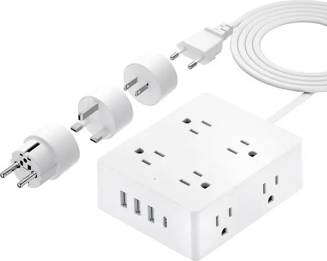 Main image of European Travel Plug Adapter, Olcorife Power Strip with EU UK US Plug Adapter, 8 Outlets 4 USB Ports with 5ft Extension Cord, International Power Adapter for US to Europe UK