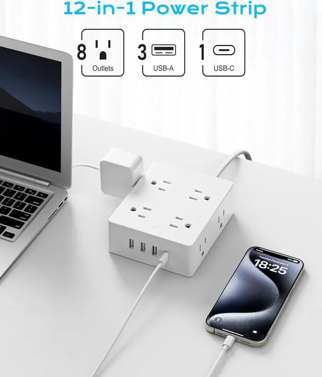 Alt view image 2 of 6 - European Travel Plug Adapter, Olcorife Power Strip with EU UK US Plug Adapter, 8 Outlets 4 USB Ports with 5ft Extension Cord, International Power Adapter for US to Europe UK