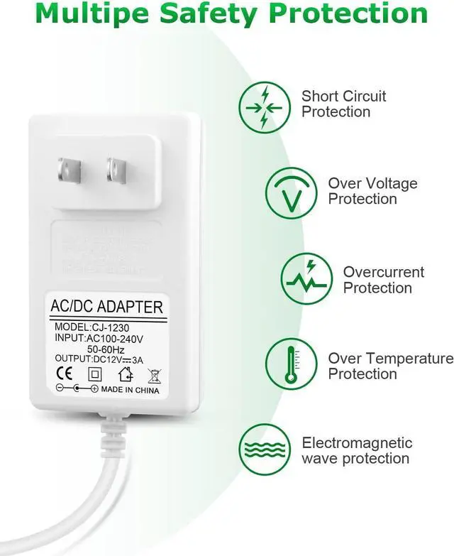 Alt view image 4 of 6 - 12V DC Power Supply 12V 3A Power Adapter 36W AC 100V-240V to DC 12Volt 3amp AC/DC Charger Power Cord 12V 2.5A 2A 1.5A 1A 800mA 500mA for Security Camera GPS Webcam Microphone Receiver w/ 10TIPS