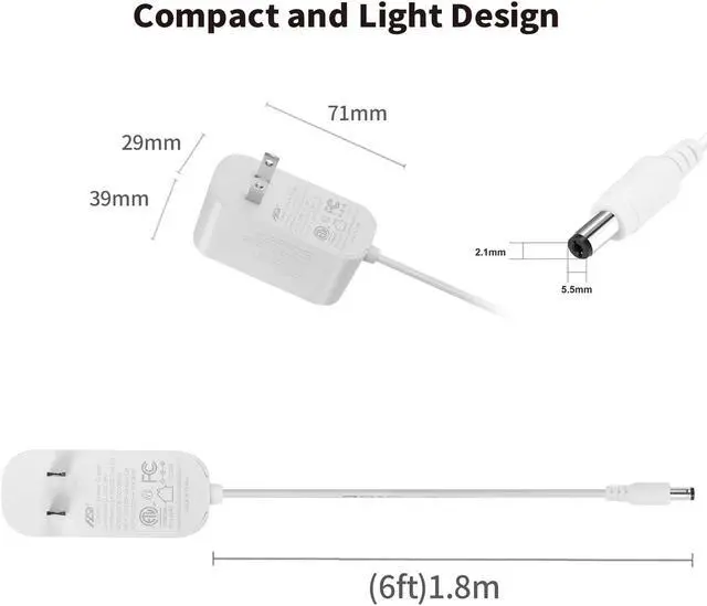 Alt view image 2 of 7 - Tonton 36W 12V 3A/3000mA Power Supply Adapter 6ft Cord DC Power Cable to 110-240V AC Adapter UL/CE/FCC Certified 5.5mmx2.1mm DC Plug with LED Terminal Connector for LED Strip Light,CCTV Camera(White)