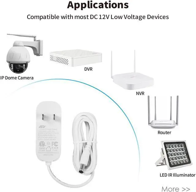 Alt view image 3 of 7 - Tonton 36W 12V 3A/3000mA Power Supply Adapter 6ft Cord DC Power Cable to 110-240V AC Adapter UL/CE/FCC Certified 5.5mmx2.1mm DC Plug with LED Terminal Connector for LED Strip Light,CCTV Camera(White)