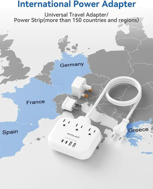 Alt view image 2 of 7 - European Travel Plug Adapter, US to European Plug Adapter with 3 American Outlets & 4 USB, 3ft European Power Cord, International Travel Power Strip, Type C for Europe EU Germany France, Travel, White