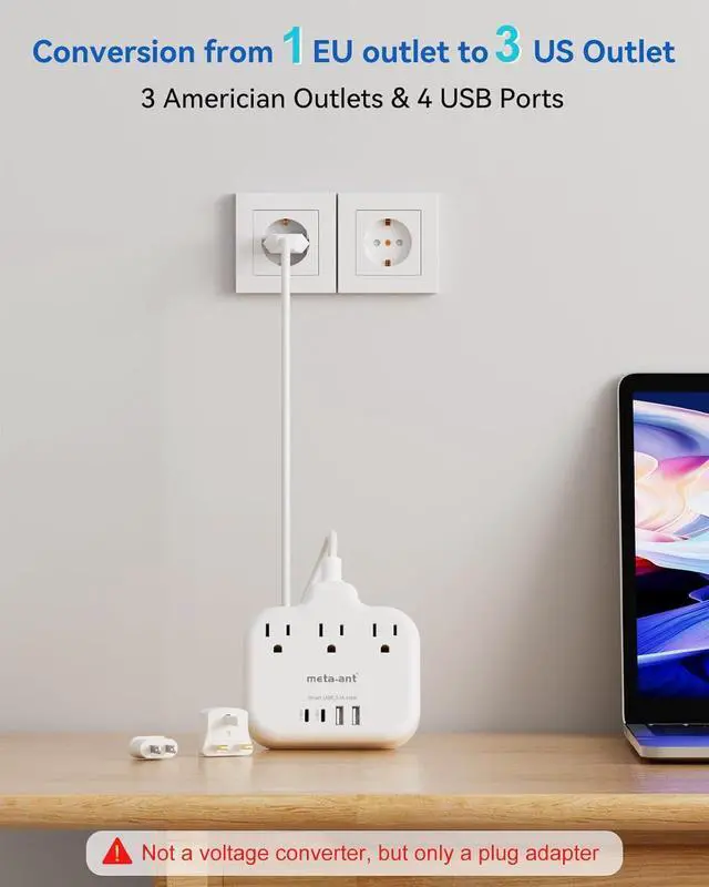 Alt view image 4 of 7 - European Travel Plug Adapter, US to European Plug Adapter with 3 American Outlets & 4 USB, 3ft European Power Cord, International Travel Power Strip, Type C for Europe EU Germany France, Travel, White