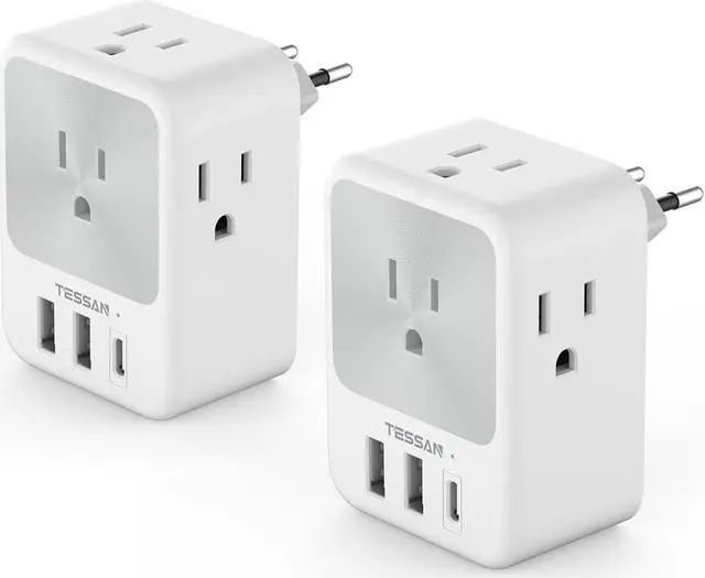 Main image of European Travel Plug Adapter 2 Packs, TESSAN Europe International Power Adaptor with 4 Outlets 3 USB Charging Ports (1 USB C), Type C Plug for Germany Iceland Spain Italy France